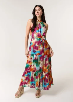 Blue Vanilla Multi Watercolour Halter Neck Maxi Dress