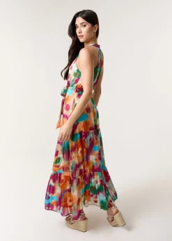 Blue Vanilla Multi Watercolour Halter Neck Maxi Dress