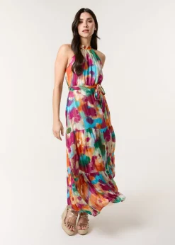Blue Vanilla Multi Watercolour Halter Neck Maxi Dress