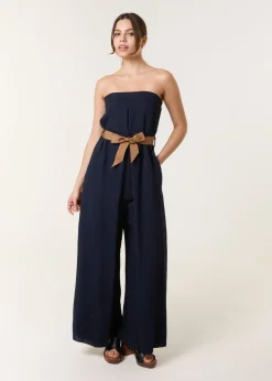 Blue Vanilla Navy Linen Belted Wide Bandeau Jumpsuit