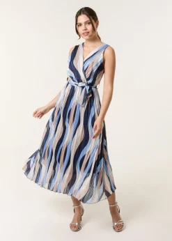 Blue Vanilla Navy Squiggle Print Sleeveless Wrap Pleat Dress