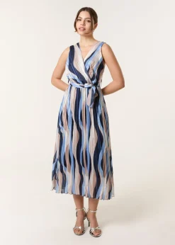 Blue Vanilla Navy Squiggle Print Sleeveless Wrap Pleat Dress