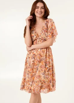 Blue Vanilla Orange V Neck Shirred Waist Mini Dress