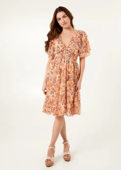 Blue Vanilla Orange V Neck Shirred Waist Mini Dress