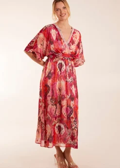 Blue Vanilla Pink Embellished Neck V Front V Back Midi Dress