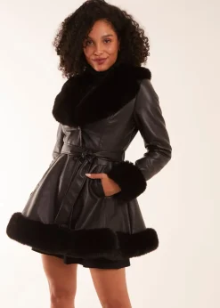 Blue Vanilla PU Faux Fur Trimmed Belted Coat