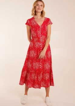 Blue Vanilla Red Button Through Shirred Waist Midi Dress