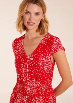 Blue Vanilla Red Button Through Shirred Waist Midi Dress