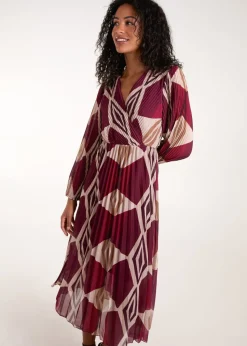 Blue Vanilla Red Wrap Front Pleated Geometric Maxi Dress