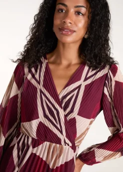 Blue Vanilla Red Wrap Front Pleated Geometric Maxi Dress