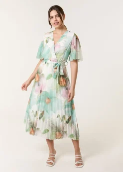 Blue Vanilla Sage Watercolour Floral Printed Wrap Front Pleated Dress