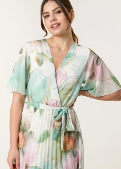 Blue Vanilla Sage Watercolour Floral Printed Wrap Front Pleated Dress