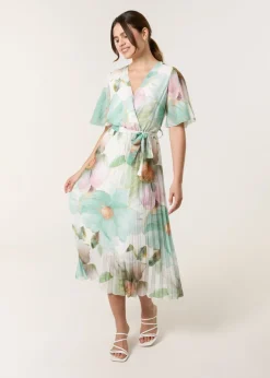 Blue Vanilla Sage Watercolour Floral Printed Wrap Front Pleated Dress