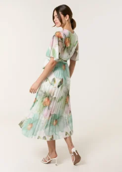 Blue Vanilla Sage Watercolour Floral Printed Wrap Front Pleated Dress