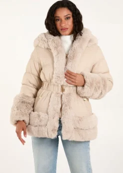 Blue Vanilla Stone Fur Trim Belted Puffer Coat