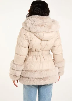 Blue Vanilla Stone Fur Trim Belted Puffer Coat