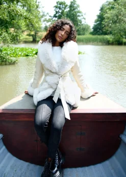 Blue Vanilla Stone PU Faux Fur Trimmed Belted Coat