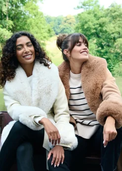 Blue Vanilla Stone PU Faux Fur Trimmed Belted Coat