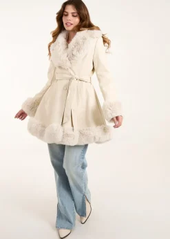 Blue Vanilla Stone PU Faux Fur Trimmed Belted Coat