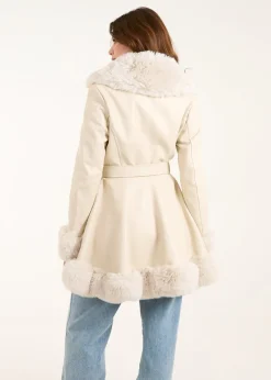 Blue Vanilla Stone PU Faux Fur Trimmed Belted Coat