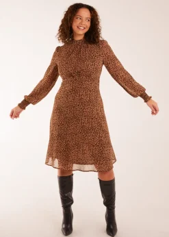 Blue Vanilla Tan Long Sleeve Shirring Cuff Swing Dress