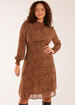 Blue Vanilla Tan Long Sleeve Shirring Cuff Swing Dress