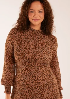 Blue Vanilla Tan Long Sleeve Shirring Cuff Swing Dress