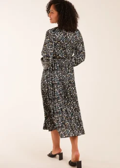 Blue Vanilla Teal Abstract Animal Print High Neck Blouson Midi Dress