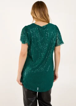 Blue Vanilla Teal Angel Sleeve V Neck Sequin Top