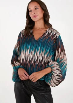 Blue Vanilla Teal Chevron V Neck Blouse