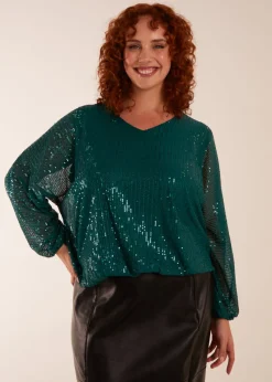 Blue Vanilla Teal Curve Sequin Batwing Blouse