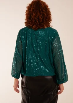 Blue Vanilla Teal Curve Sequin Batwing Blouse