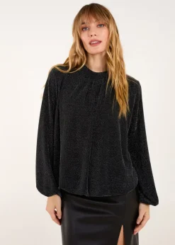 Blue Vanilla Teal Metallic High Neck Puffball Top