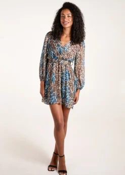 Blue Vanilla Teal Metallic Chiffon Crossover Dress