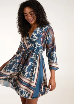 Blue Vanilla Teal Scarf Print Batwing Crossover Dress