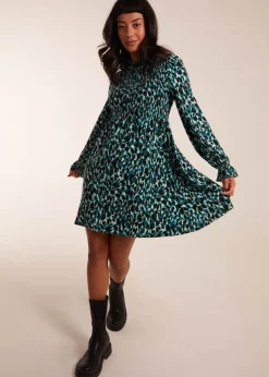 Blue Vanilla Teal Shirred Trapeze Frill Neck And Sleeve Mini Dress