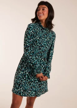 Blue Vanilla Teal Shirred Trapeze Frill Neck And Sleeve Mini Dress