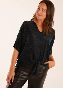 Blue Vanilla Teal Sparkly V Neck Tie Front Top