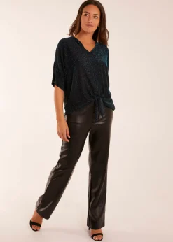 Blue Vanilla Teal Sparkly V Neck Tie Front Top