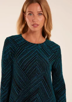 Blue Vanilla Teal Stripe Glittery Long Sleeve Shift Mini Dress