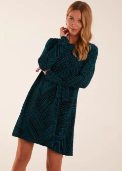 Blue Vanilla Teal Stripe Glittery Long Sleeve Shift Mini Dress