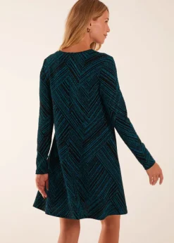 Blue Vanilla Teal Stripe Glittery Long Sleeve Shift Mini Dress