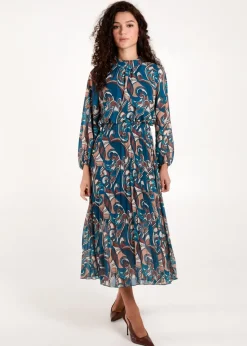 Blue Vanilla Teal Swirl Print High Neck Blouson Pleated Dress
