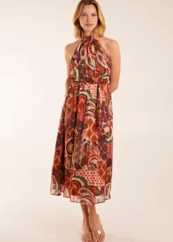 Blue Vanilla Terracotta Halter Neck Tassle Detail Midi Dress