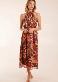 Blue Vanilla Terracotta Halter Neck Tassle Detail Midi Dress