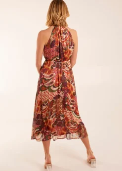 Blue Vanilla Terracotta Halter Neck Tassle Detail Midi Dress