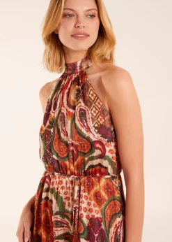 Blue Vanilla Terracotta Halter Neck Tassle Detail Midi Dress