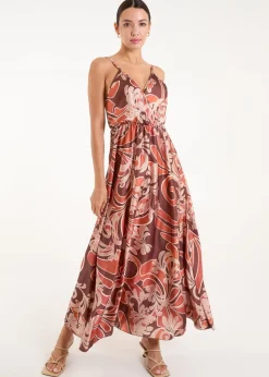 Blue Vanilla Terracotta Paisley Printed Satin Wrap Maxi Dress