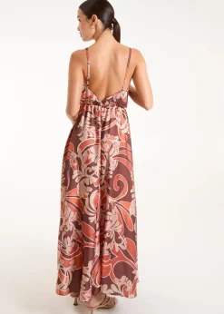 Blue Vanilla Terracotta Paisley Printed Satin Wrap Maxi Dress