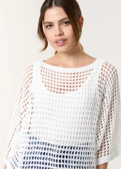 Blue Vanilla White Round Neck Net Top